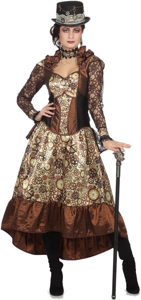Moteris su ruda steampunko stiliaus suknele, cilindru ir lazda.