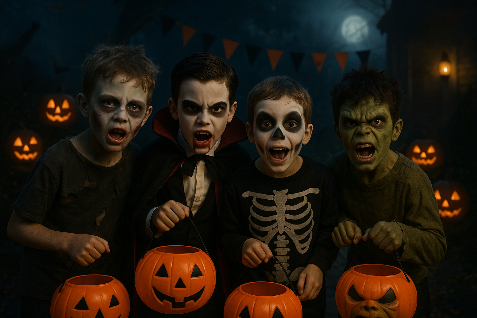 Boys wearing scary halloween costumes
