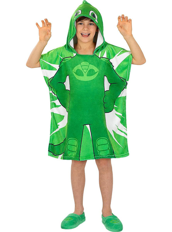 Žalias vaikų pončas-rankšluostis su gobtuvu ir Pj Masks Gekono herojumi.