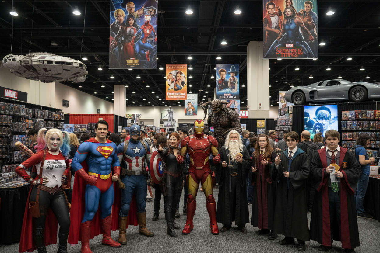 Cosplayers in superhero and wizard costumes at a convention, with colorful posters and displays.