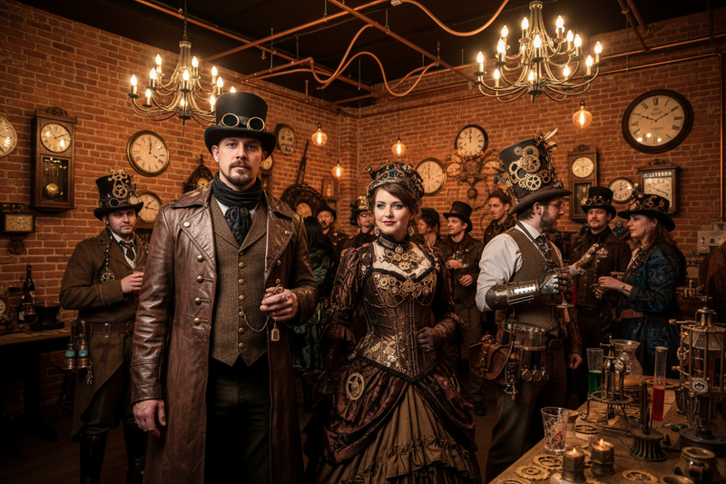 Žmonės su steampunk stiliaus kostiumais kambaryje su laikrodžiais ir plytų sienomis.