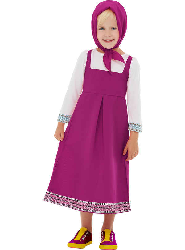 Mergaitė su violetine suknele, balta palaidine ir violetine skarele. Baltas fonas.