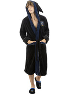 Vaikinas su juodu ir mėlynu chalatu, turinčiu gobtuvą ir „Ravenclaw“ herbą.