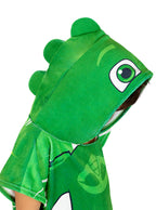 Žalias vaikiškas rankšluostis su gobtuvu, vaizduojantis „PJ Masks“ personažą Gekoną.