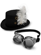 Juodas cilindras su balta plunksna ir sidabriniai „steampunk“ akiniai baltame fone.