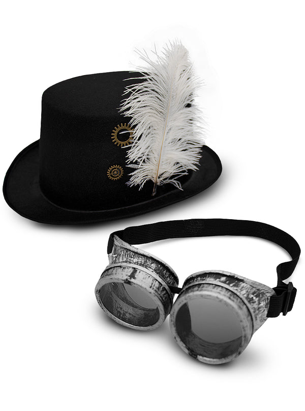 Juodas cilindras su balta plunksna ir sidabriniai „steampunk“ akiniai baltame fone.