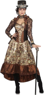 Moteris su ruda steampunko stiliaus suknele, cilindru ir lazda.