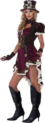 Moteris su ruda „steampunk“ stiliaus suknele, cilindru ir ilgais aulinukais.