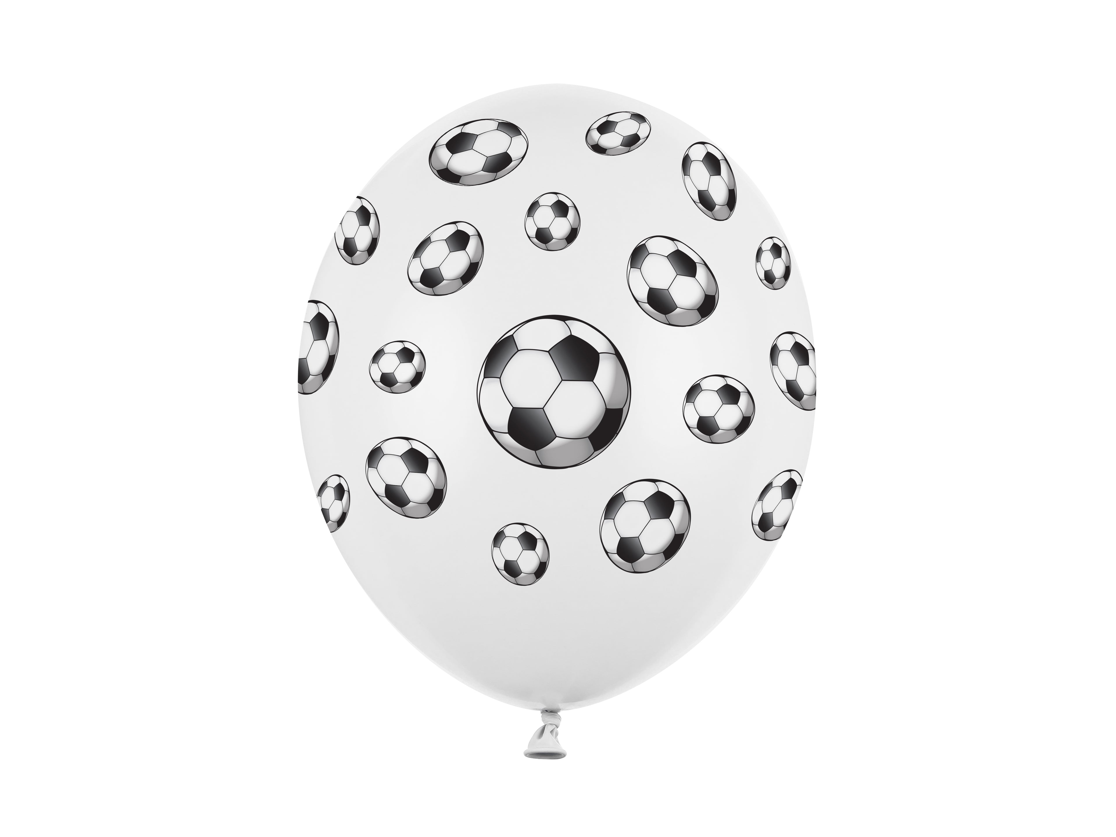 White balloon with silver soccer ball patterns on a white background