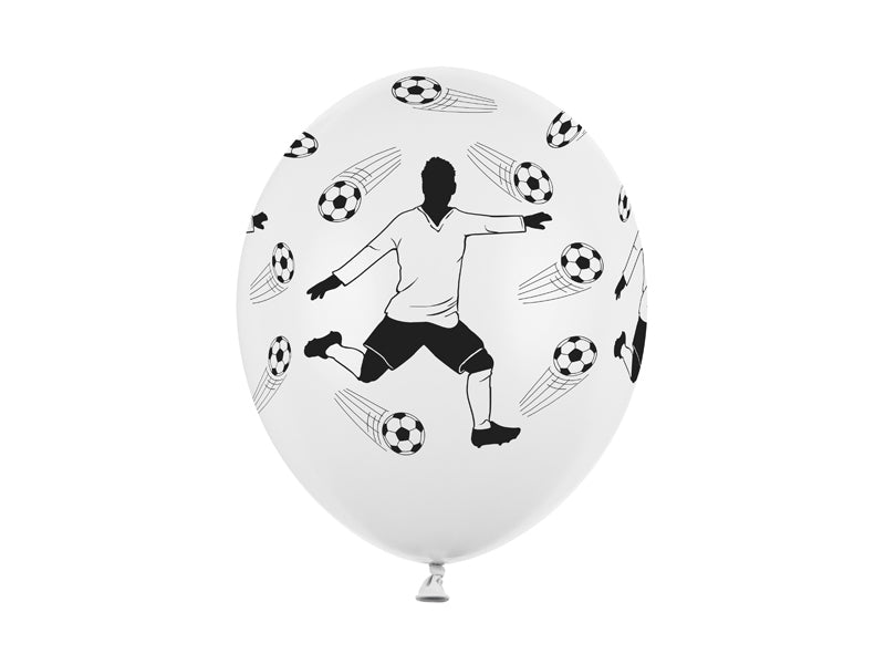 White balloon with black and white soccer-themed design on a white background