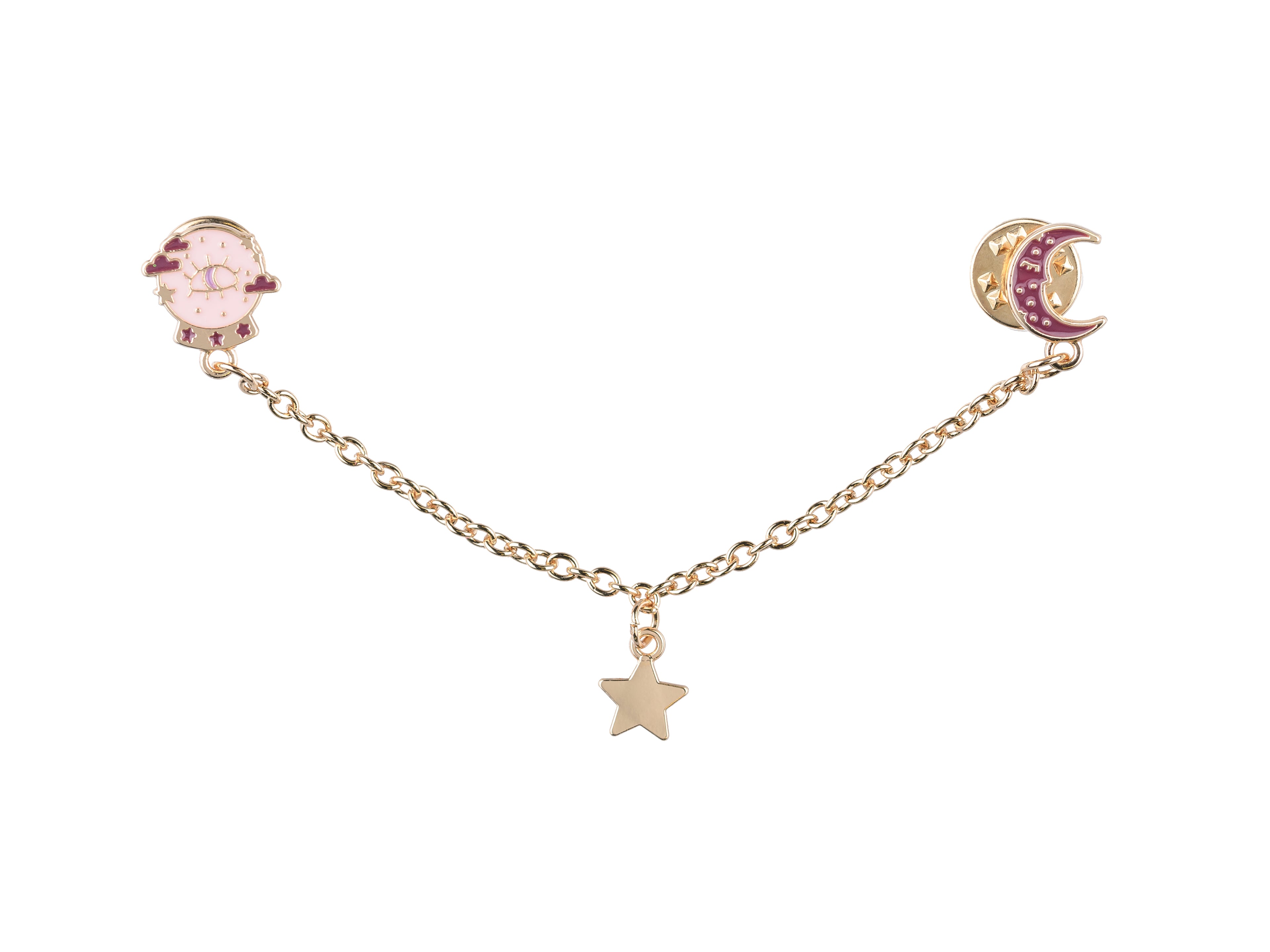 Gold necklace with star, moon, and rose gold heart pendants on a white background