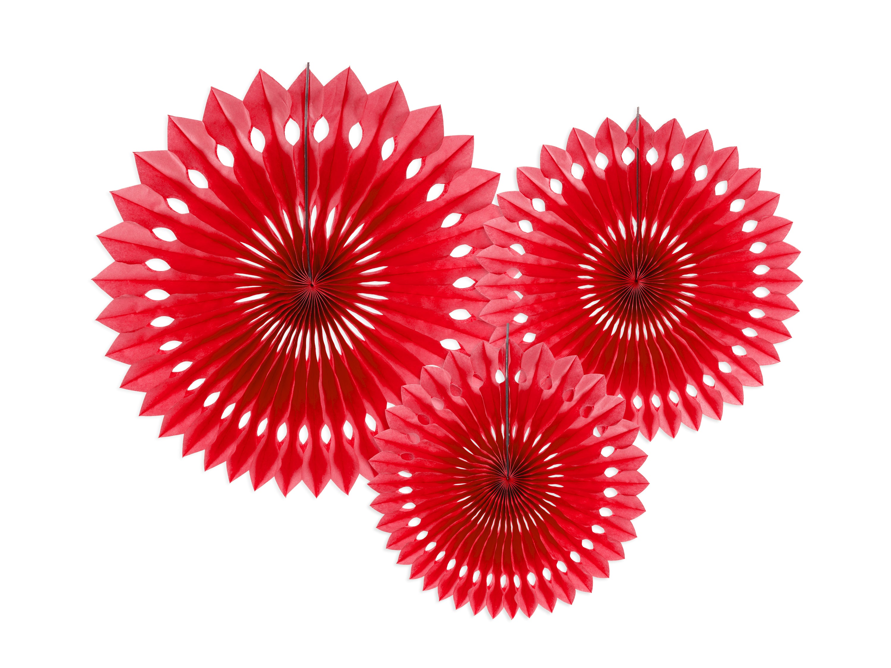Three red paper fans on a white background
