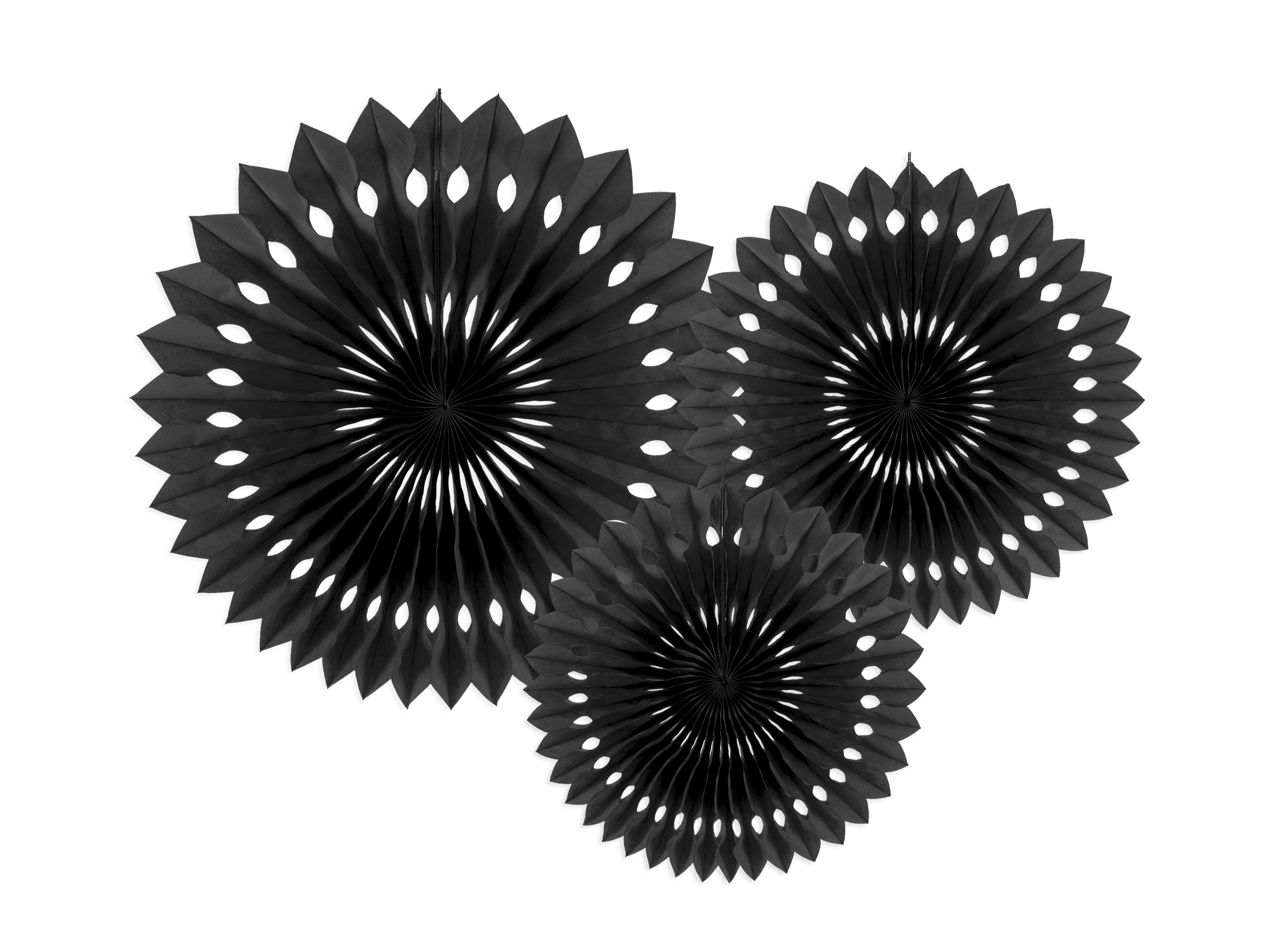Three black paper fan decorations on a white background