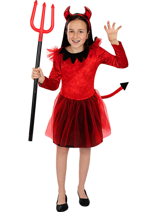 Devil Costume for Girls - Red Velvet Dress with Horns