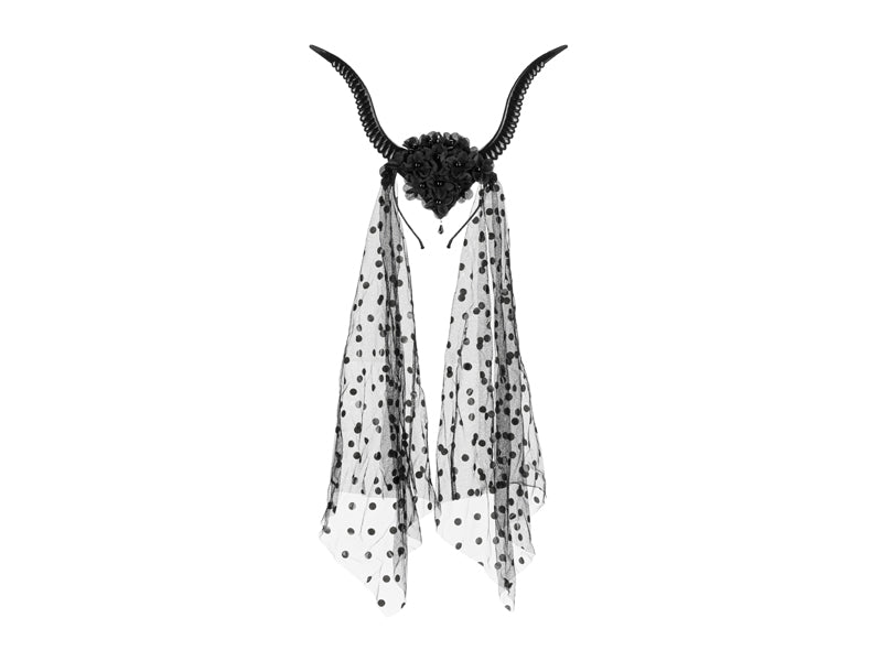 Black headpiece with horns and a black and white polka dot scarf on a white background