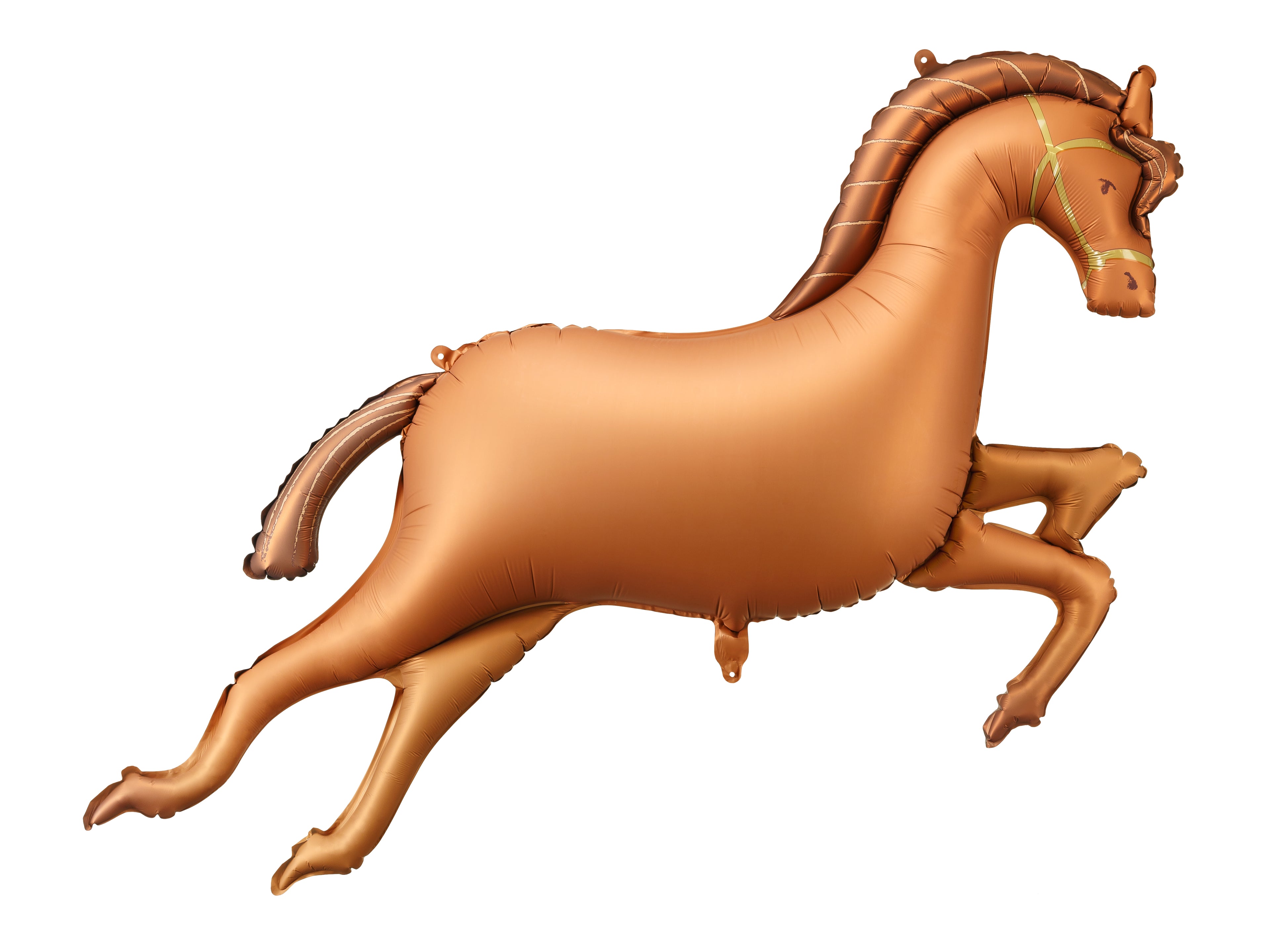 Bronze-colored inflatable horse balloon on a white background