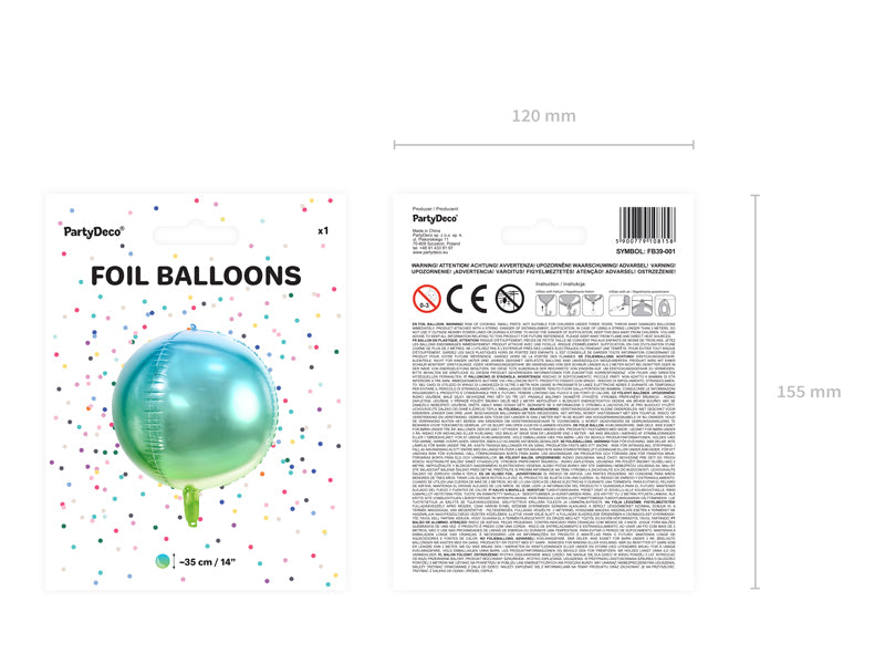 Foil Balloon Ombre Ball, blue and green, 35cm - Teminis.lt