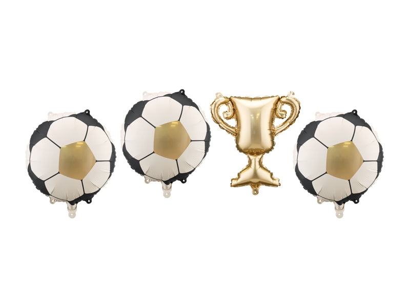Three balloons shaped like soccer balls and a gold trophy on a white background