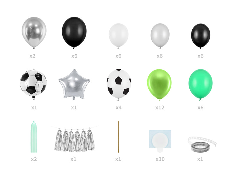 Balloon and party supply set with quantities indicated on a white background