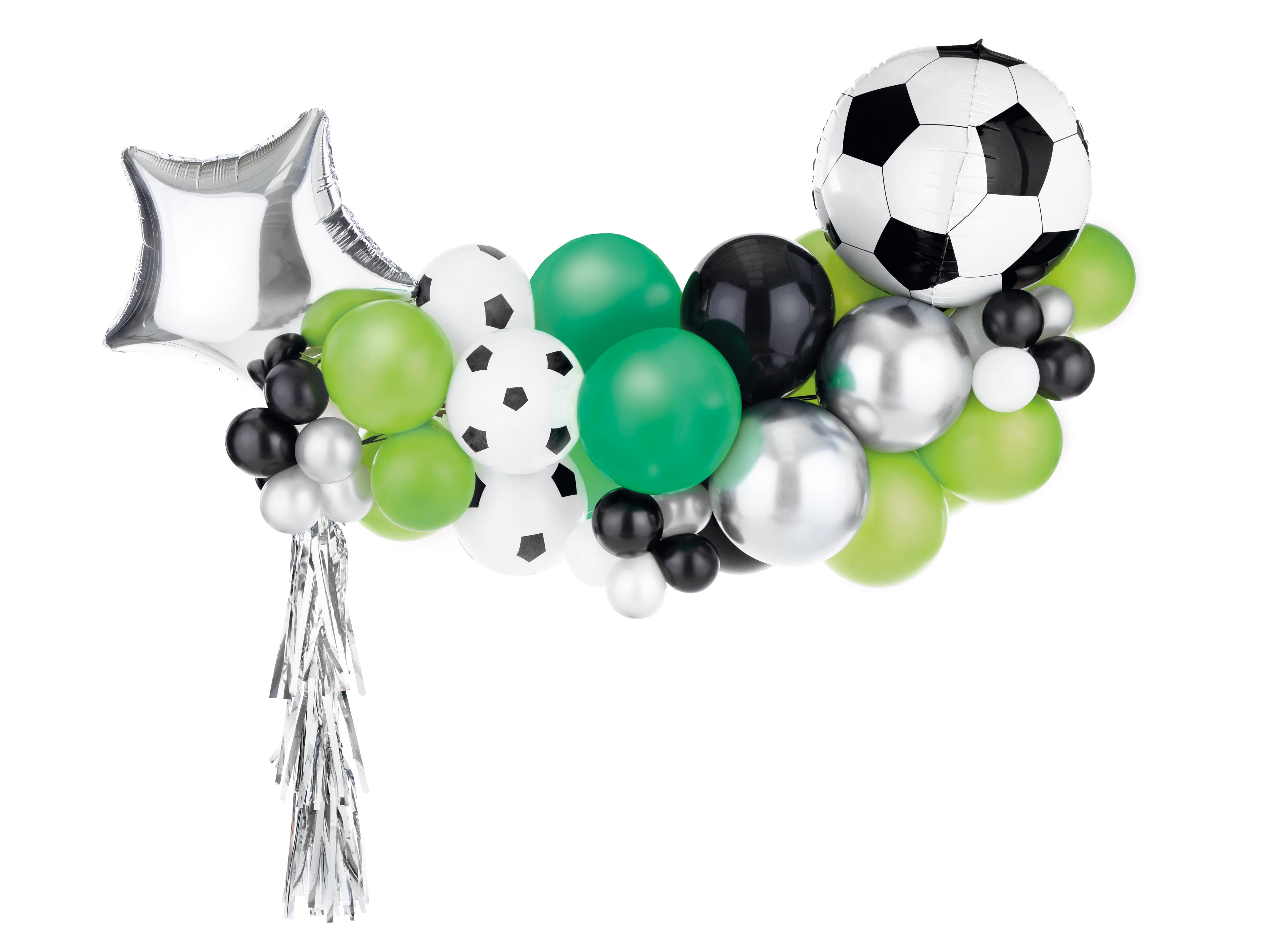 Balloon arrangement with soccer ball and star shapes on a white background