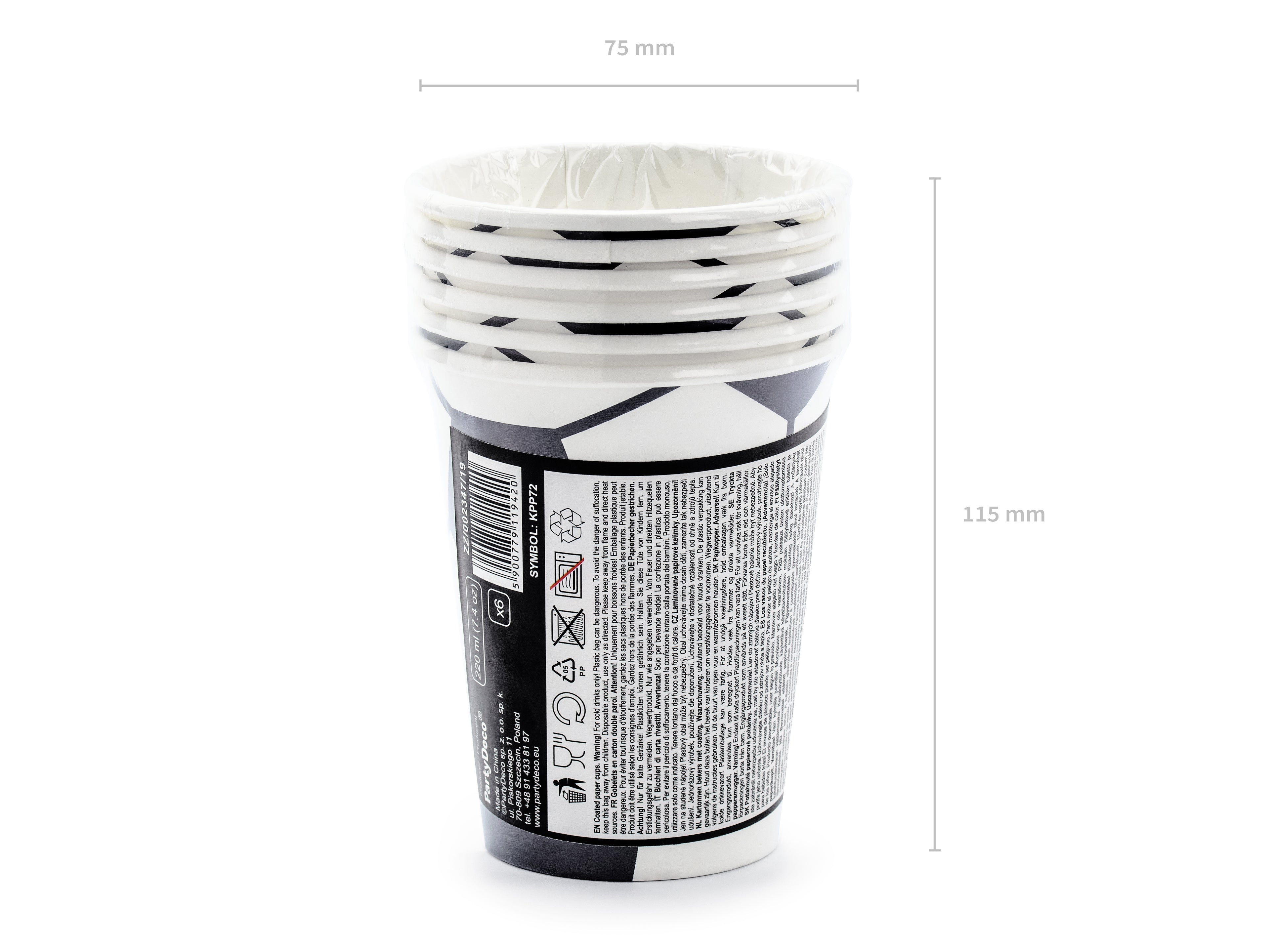 Stack of paper cups with dimensions labeled on a white background