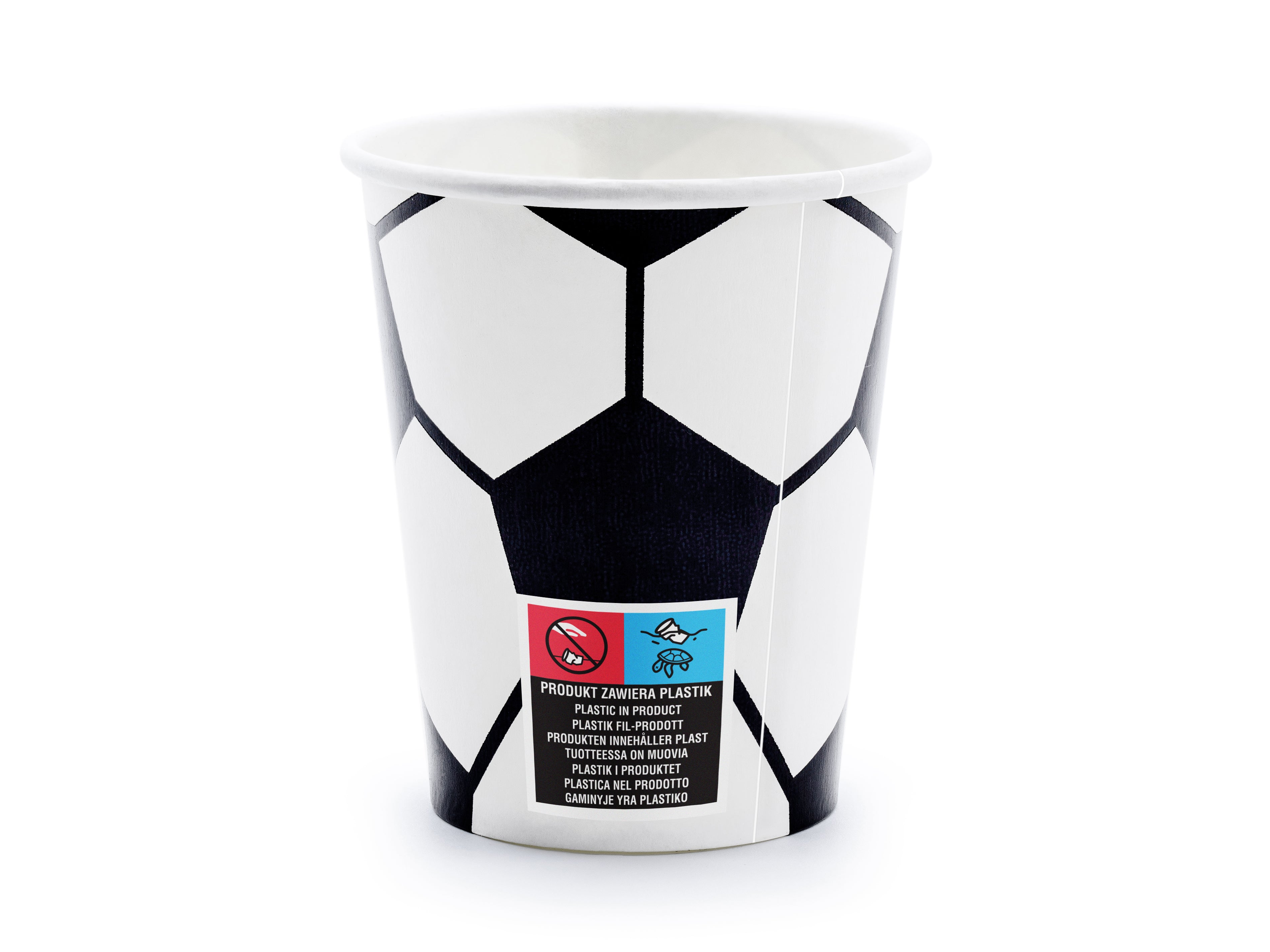 Black and white geometric-patterned cup with branding on a white background