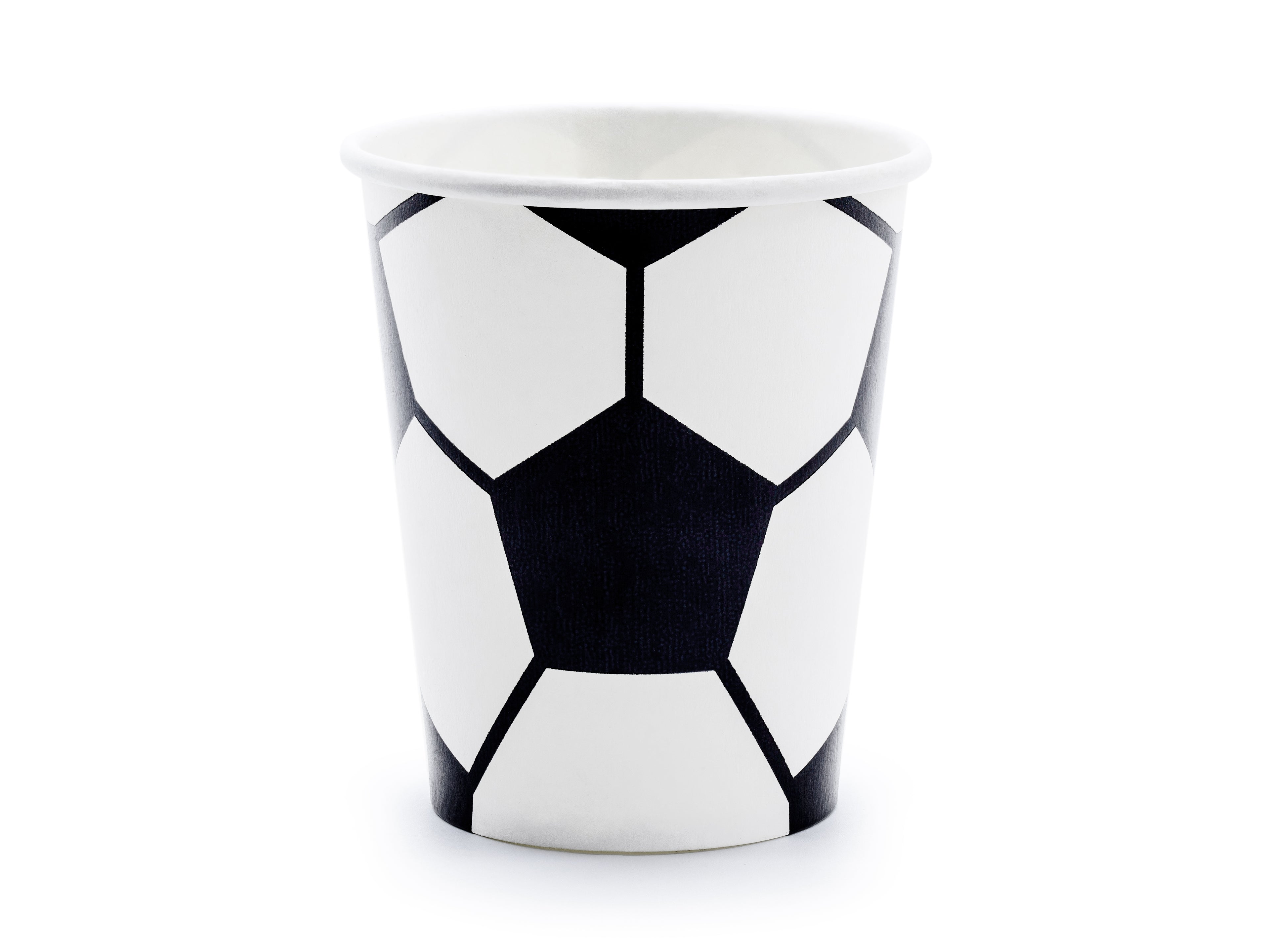 White cup with black geometric pattern on a white background