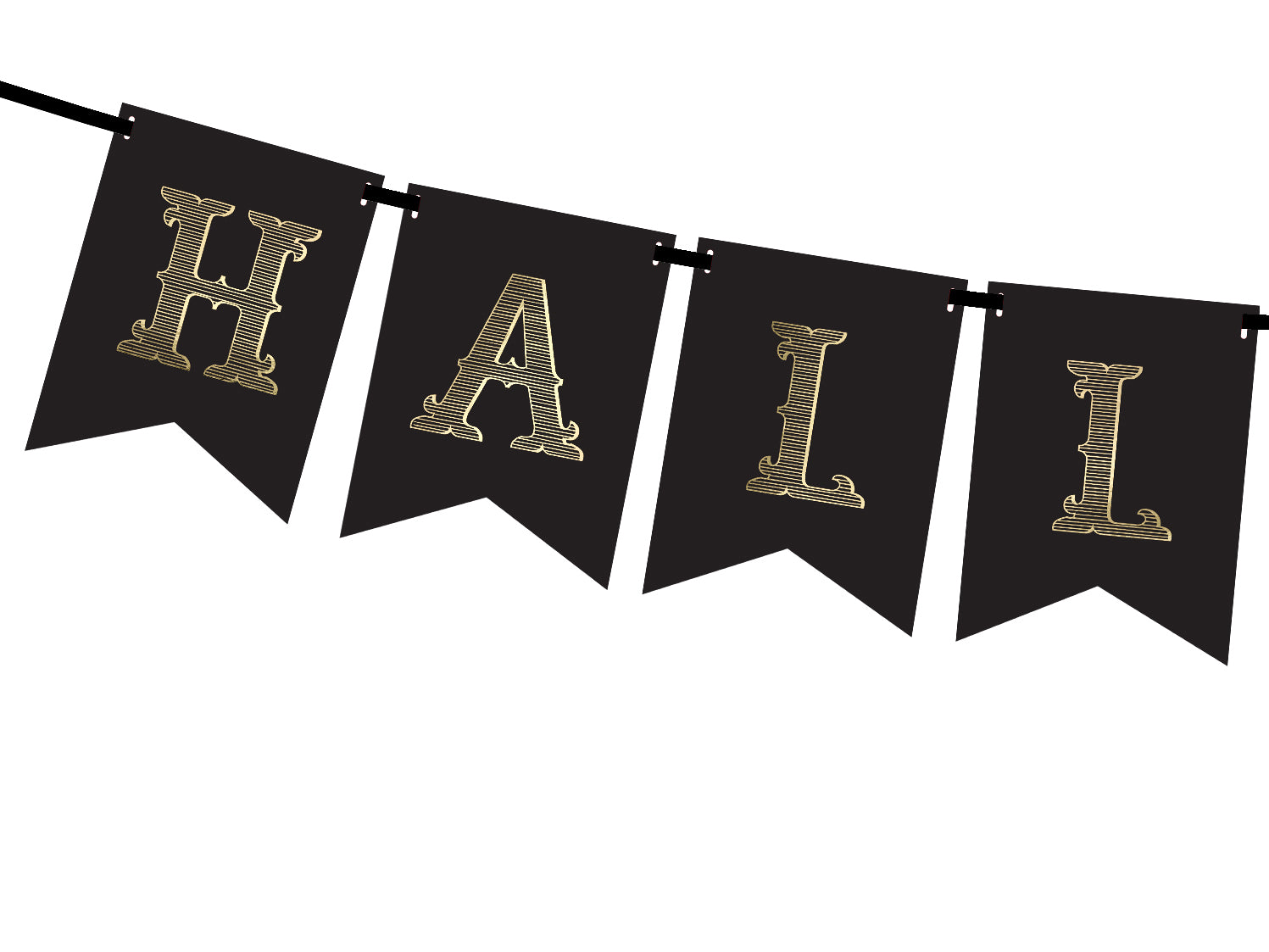 Black banner with gold letters spelling 'HALL' on a white background