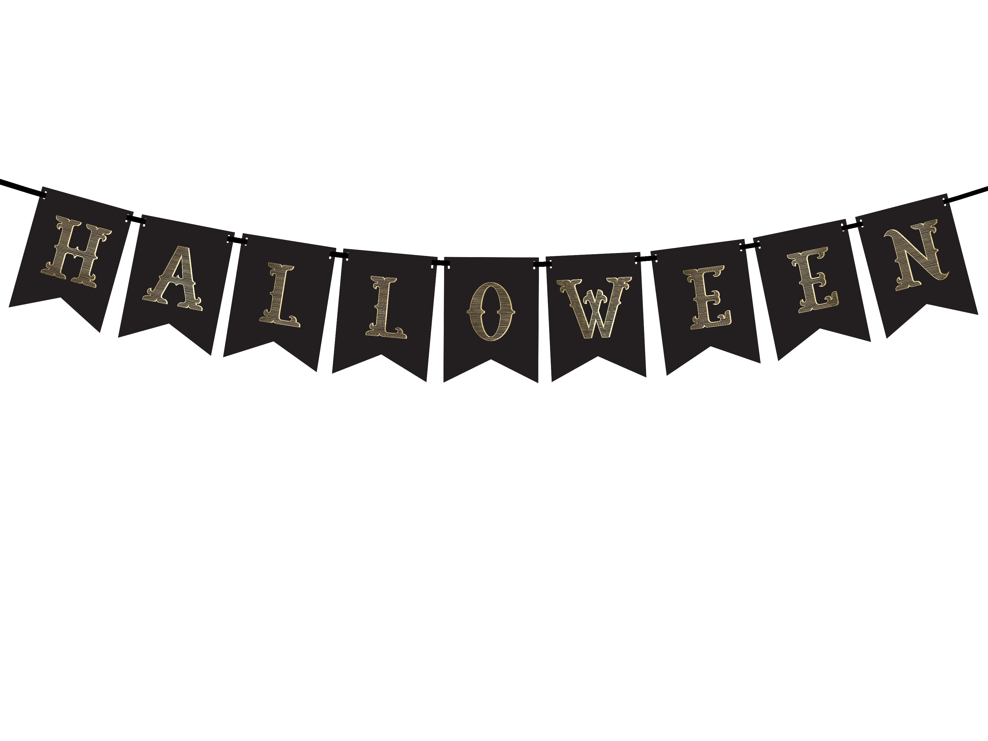 Halloween banner with gold lettering on black flags against a white background