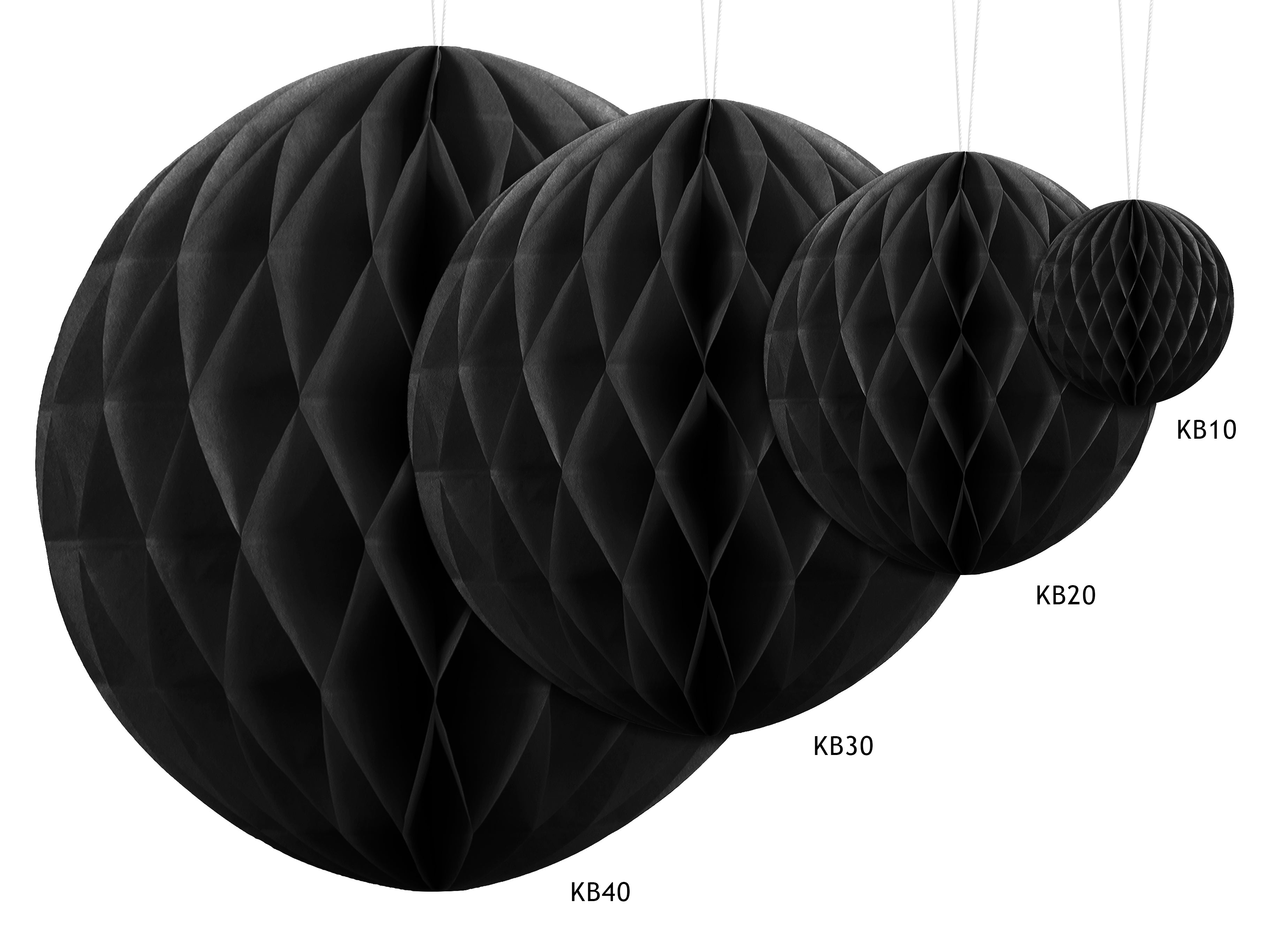 Black honeycomb balls of different sizes hanging against a white background