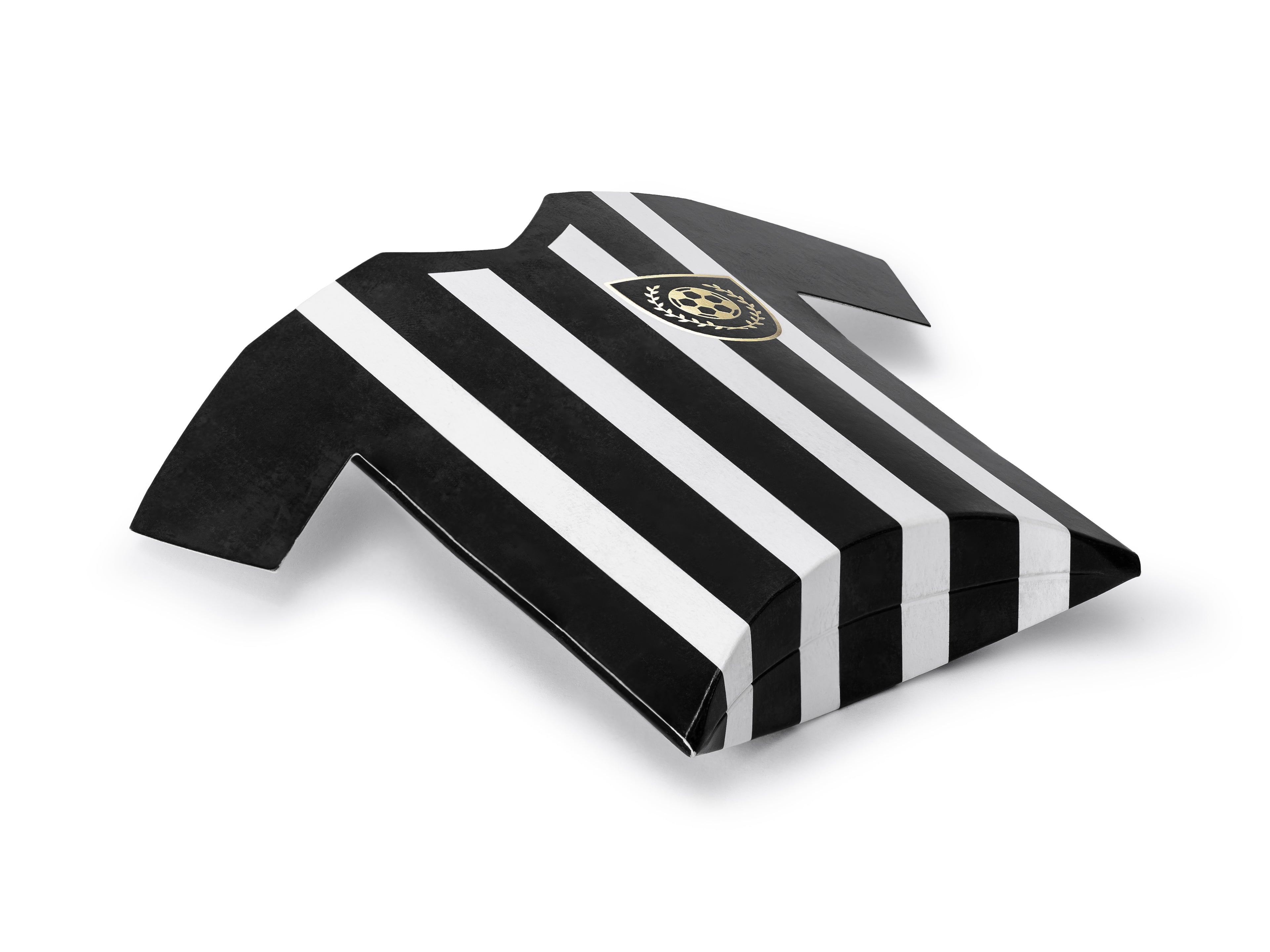 Black and white striped shirt with a logo on a white background