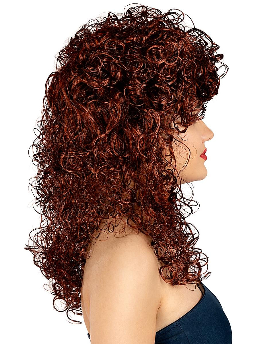 Salūno merginos perukas rudas garbanotas – Laukinių Vakarų kostiumo aksesuaras