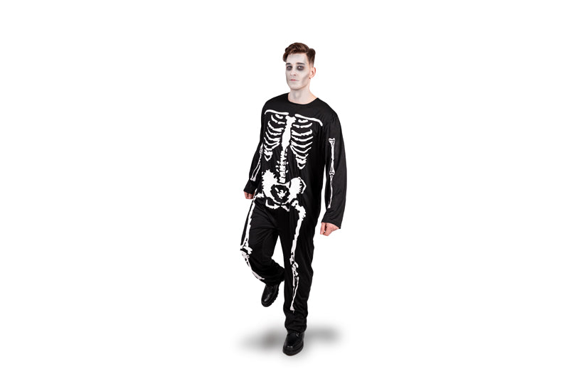 Person wearing a black skeleton costume on a white background