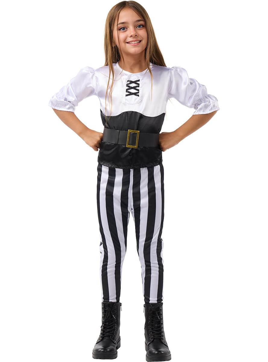 Dryžuotas pirato kostiumas mergaitėms – juodai baltas derinys