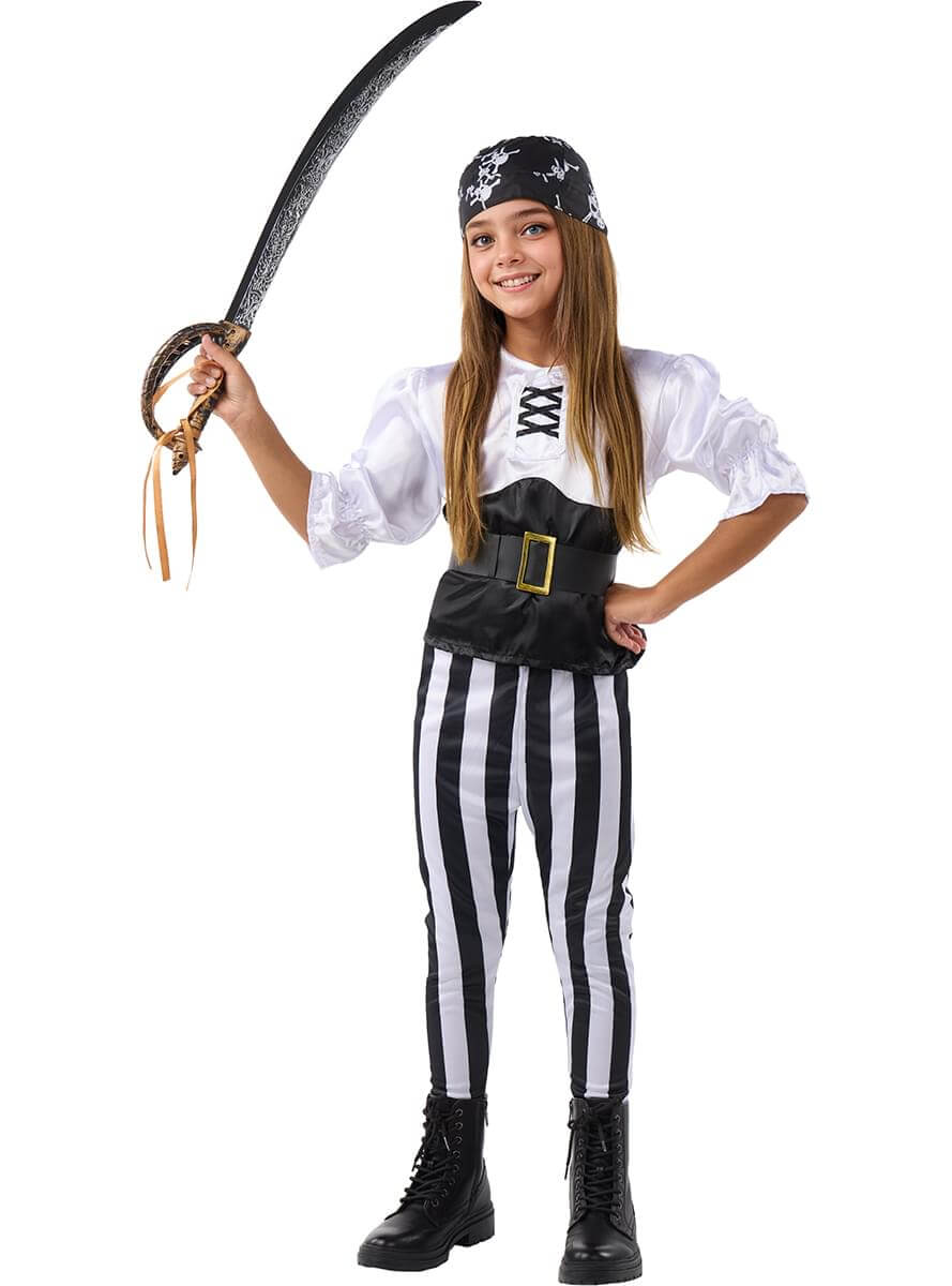 Dryžuotas pirato kostiumas mergaitėms – juodai baltas derinys