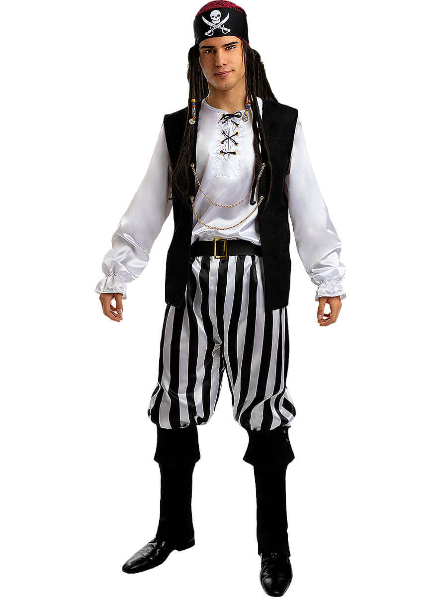 Dryžuotas pirato kostiumas vyrams – juodai baltas apranga