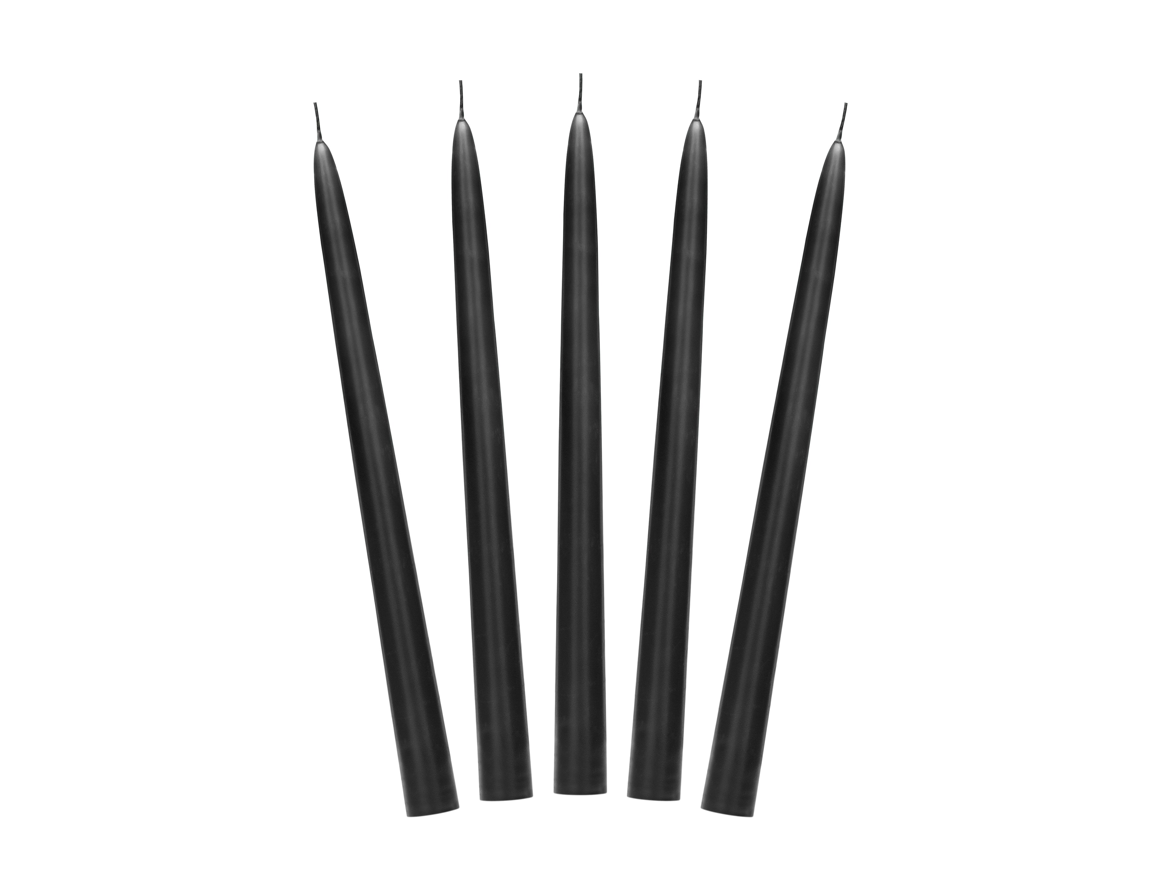 Set of six black candles on a white background