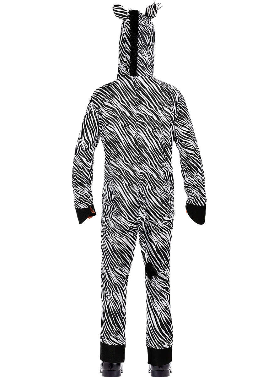 Zebro kostiumas suaugusiems – safario gyvūno kombinezonas su gobtuvu