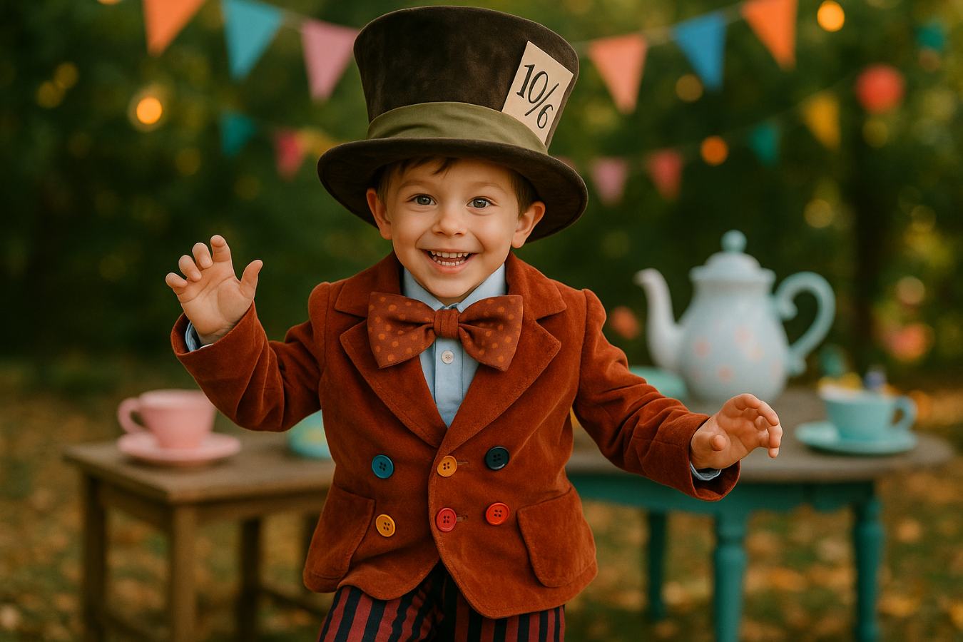 A boy wearing a costume of Hatter from Alice in the wonderland