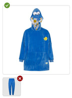 Mėlynas „Cookie Monster“ džemperis su gobtuvu, didelėmis akimis ir sausainio logotipu.