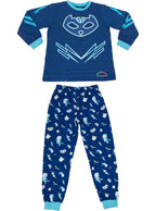 Mėlyna vaikiška pižama su „PJ Masks“ Catboy simbolika ir raštais.
