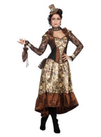 Moteris su ruda ir auksine „steampunk“ stiliaus suknele bei mažąja cilindro kepure.