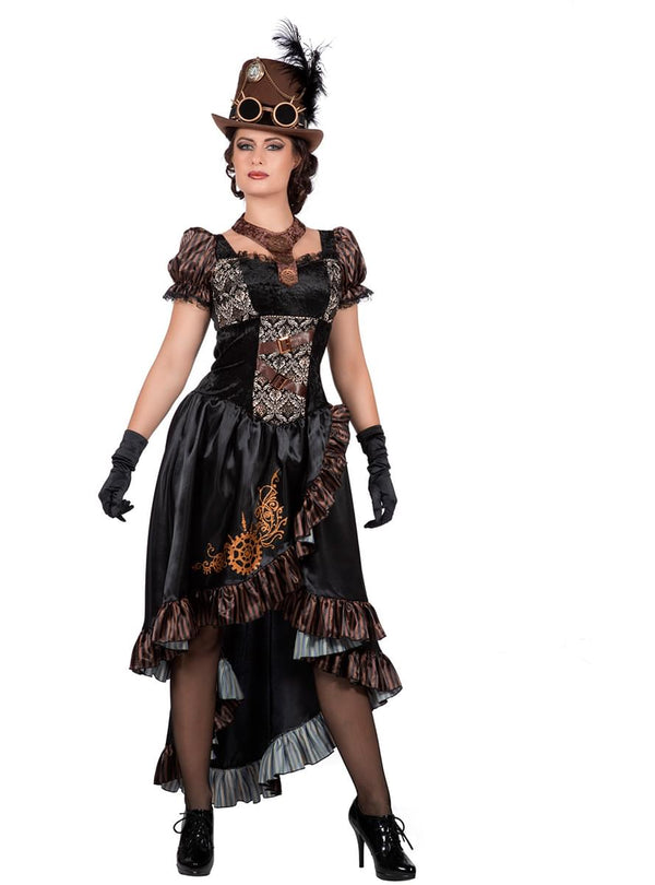 Moteris su steampunk stiliaus suknele, cilindru ir akiniais.
