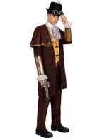 Vyras su rudo stiliaus „steampunk“ kostiumu, cilindru ir akiniais.