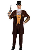 Vyras su rudu „steampunk“ stiliaus kostiumu, cilindru ir senoviniu pistoletu.