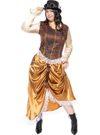 Moteris su ruda ir auksine „steampunk“ stiliaus suknele bei cilindro kepure.