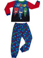 Mėlyna ir raudona vaikiška pižama su „PJ Masks“ herojais ir raštais.