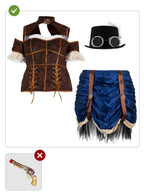„Steampunk“ kostiumas: ruda korseto tipo palaidinė, mėlynas sijonas ir cilindras su akiniais.