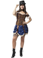 Moteris su ruda ir mėlyna „Steampunk“ stiliaus suknele, cilindru ir akiniais.