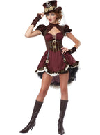 Moteris su ruda „steampunk“ stiliaus suknele, skrybėle ir akiniais.
